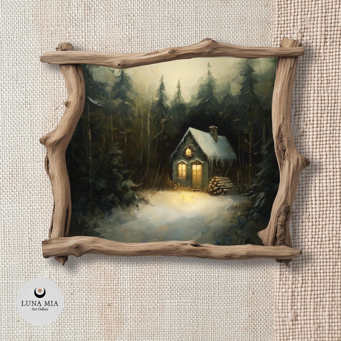Cozy Snowy Cabin in Dark Forest Glowing Windows Winter Art Poster - Image 2