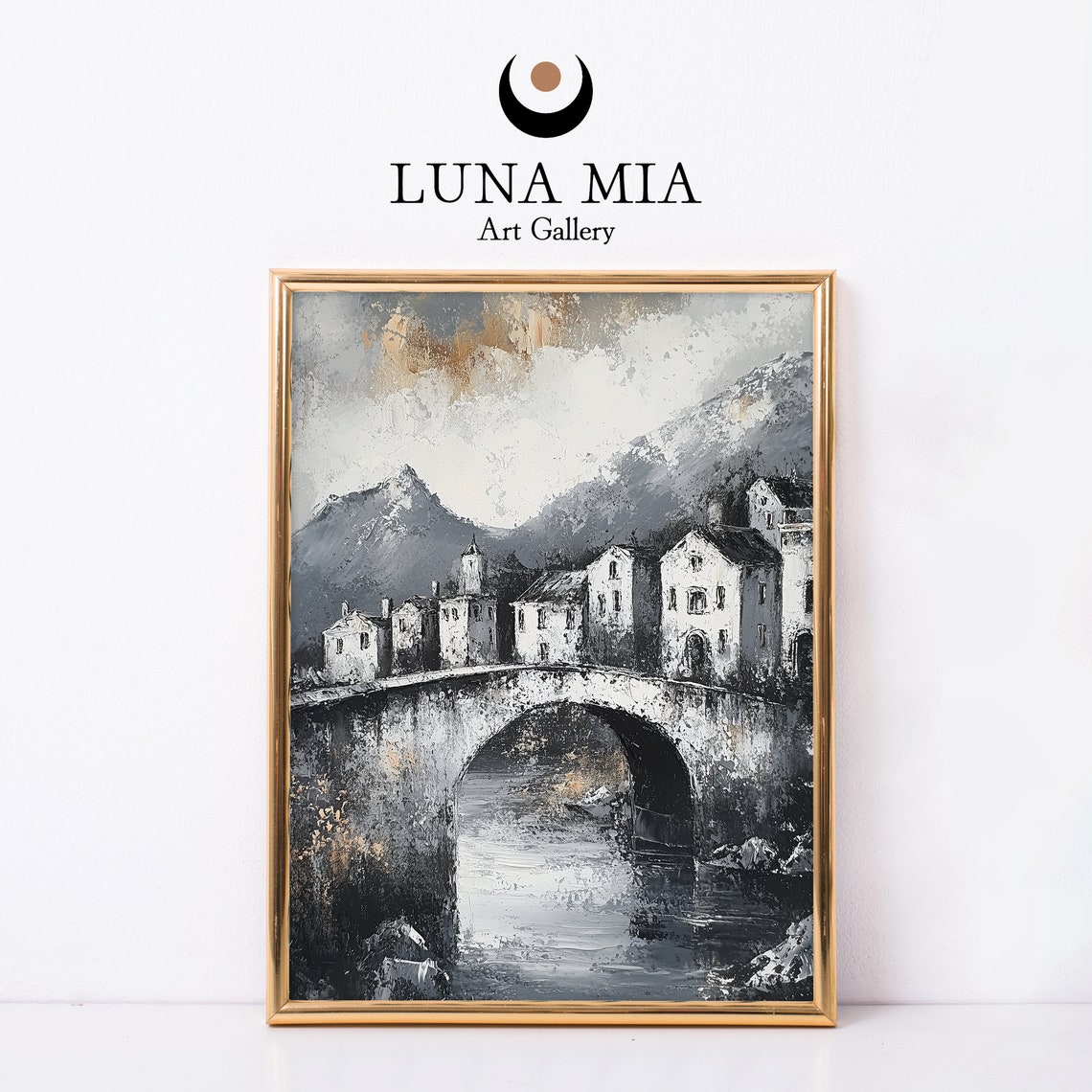 Timeless Black and White Village With Stone Bridge Art Poster