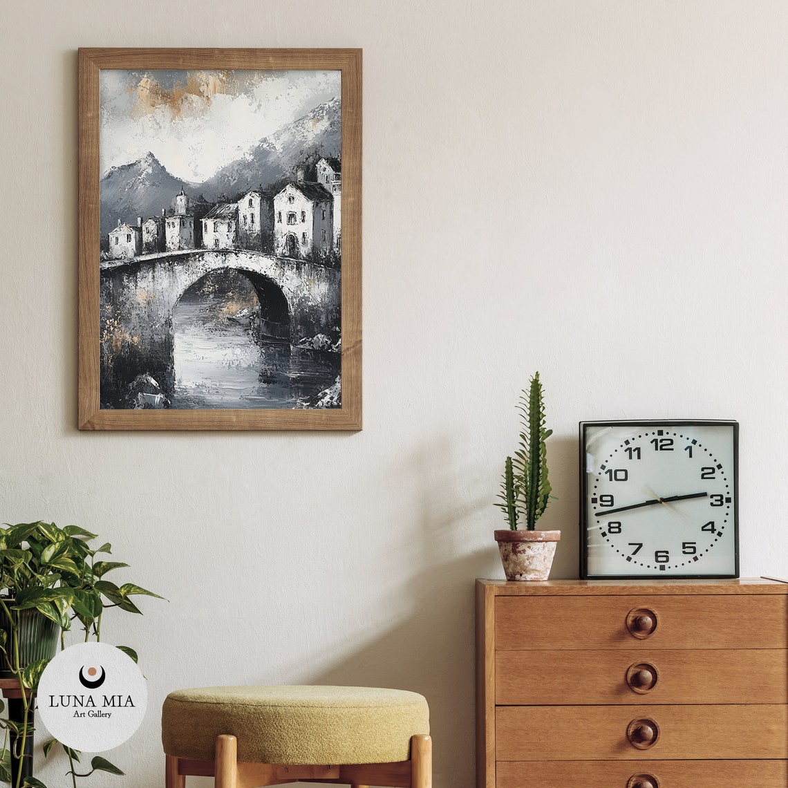 Timeless Black and White Village With Stone Bridge Art Poster - Image 3