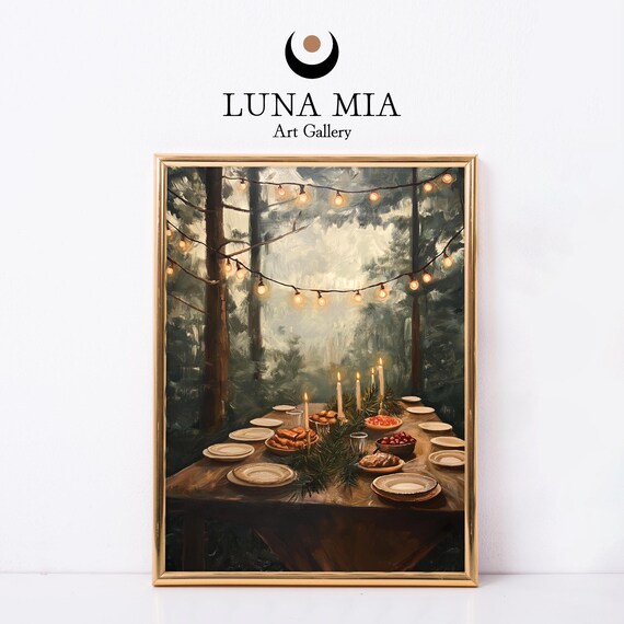 Woodland Holiday Feast Table with String Lights Winter Dinner Poster
