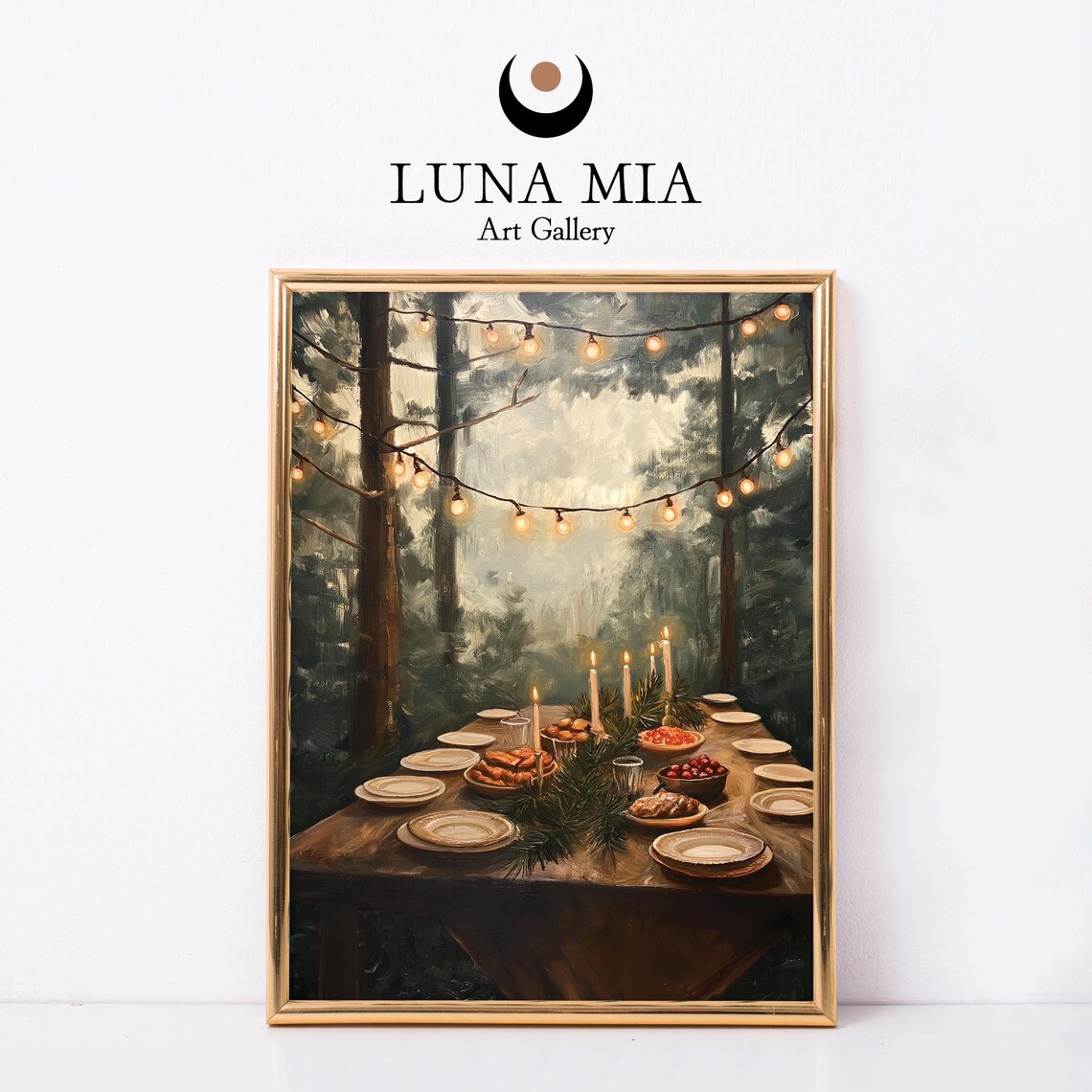 Enchanting Woodland Winter Feast Table Art Print Holiday Foods Fairy Lights Vintage Plates Rustic Oil Painting Instant