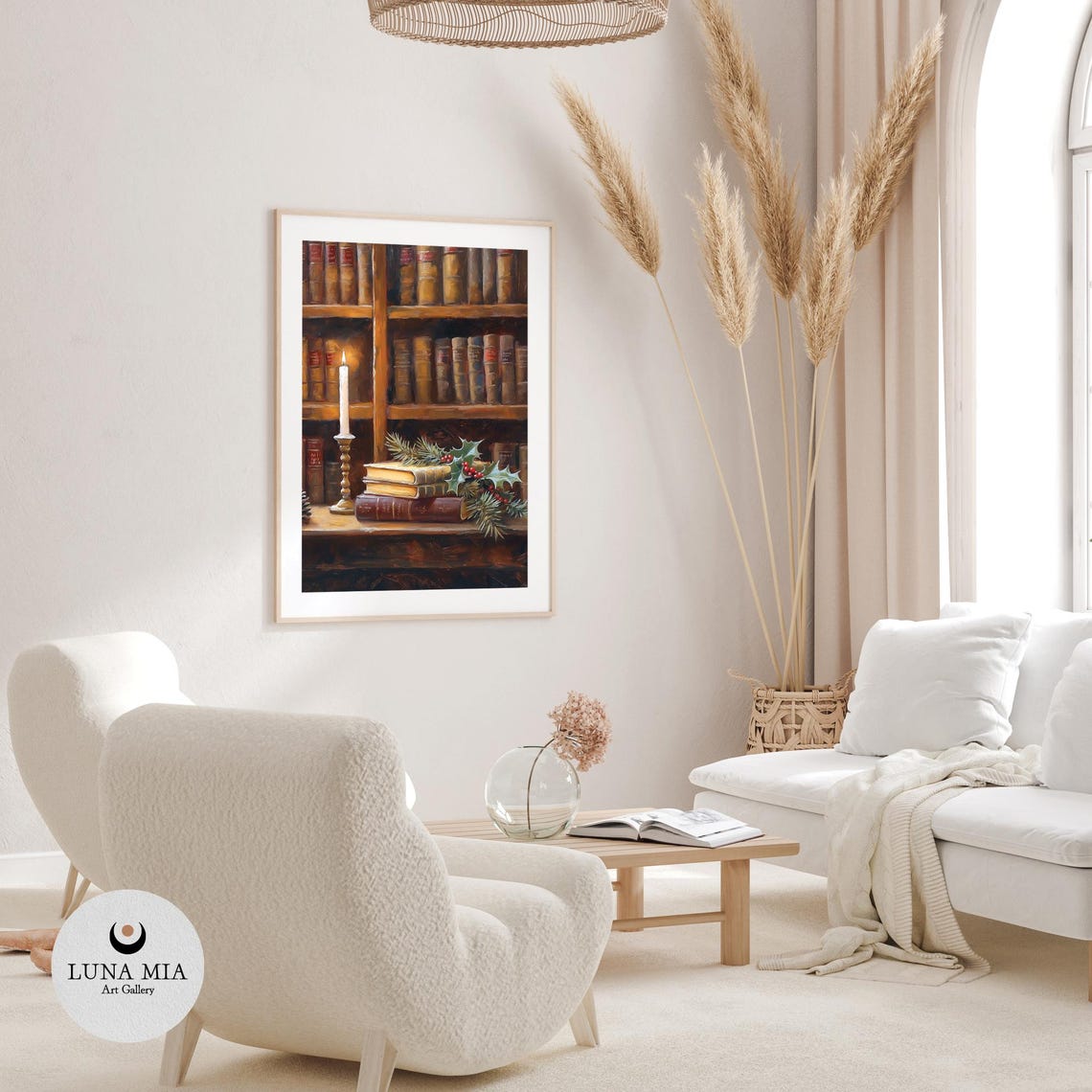 Vintage Cozy Christmas Library Bookshelf Candle Oil Painting Poster - Image 3