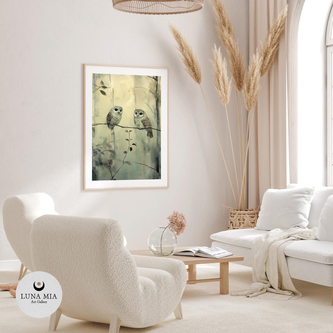 Two Owls Perched On A Branch In A Soft Sage Misty Woodland Poster - Image 3