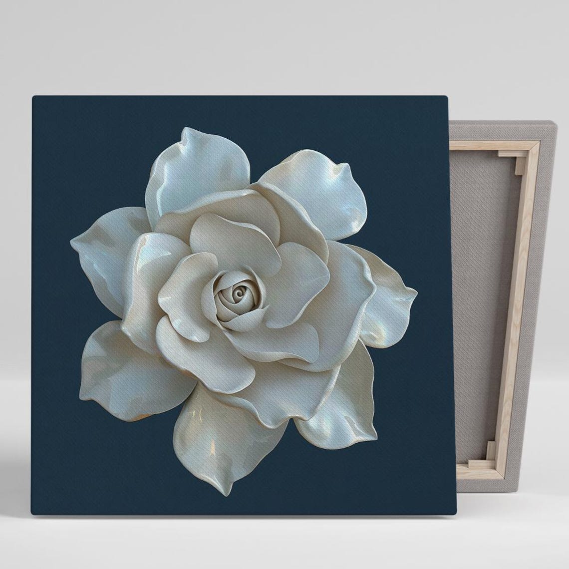 White Porcelain Rose Navy 3D Glam Elegant Botanical Wall Art Print