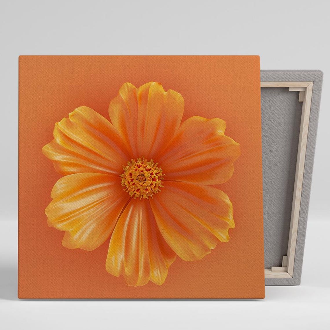 Orange Cosmos Flower Bloom On Warm Orange Background Floral Poster