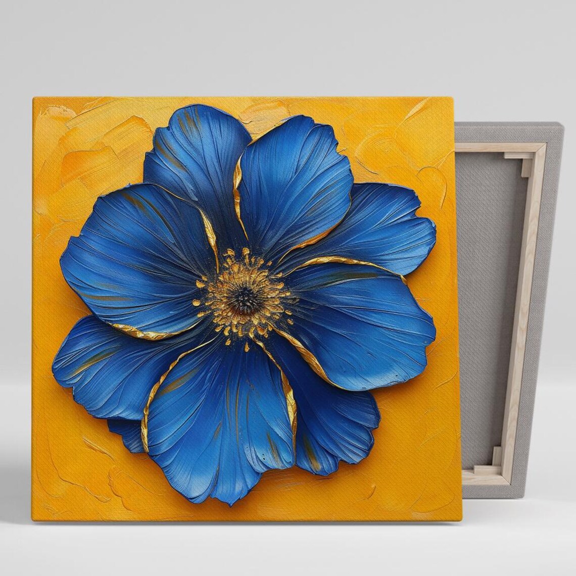 Cobalt Blue Anemone Gold Accents Mustard Yellow Bold Floral Art Poster