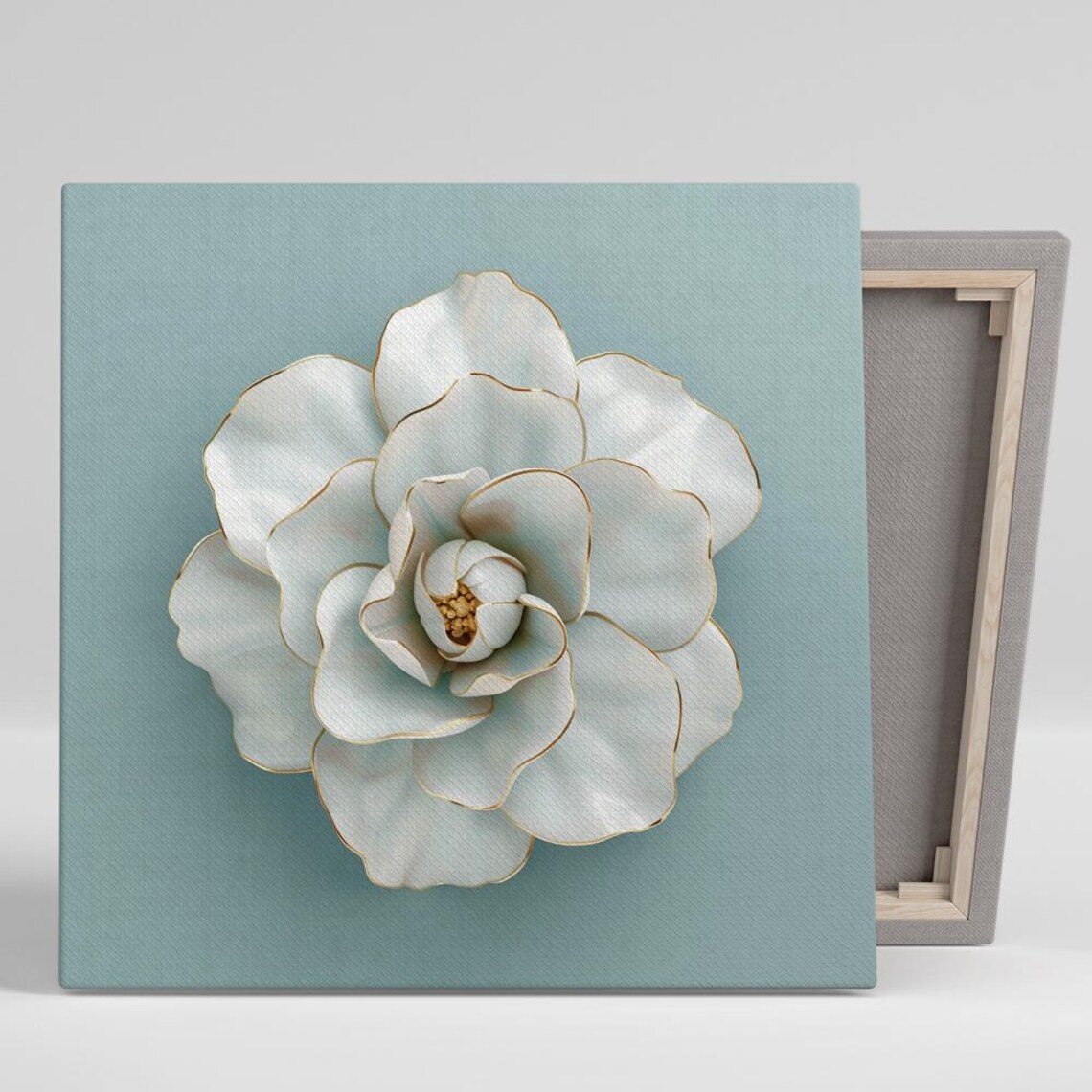 White Gardenia Bloom Gold Edged Petals Sage Green Elegant 3D Poster