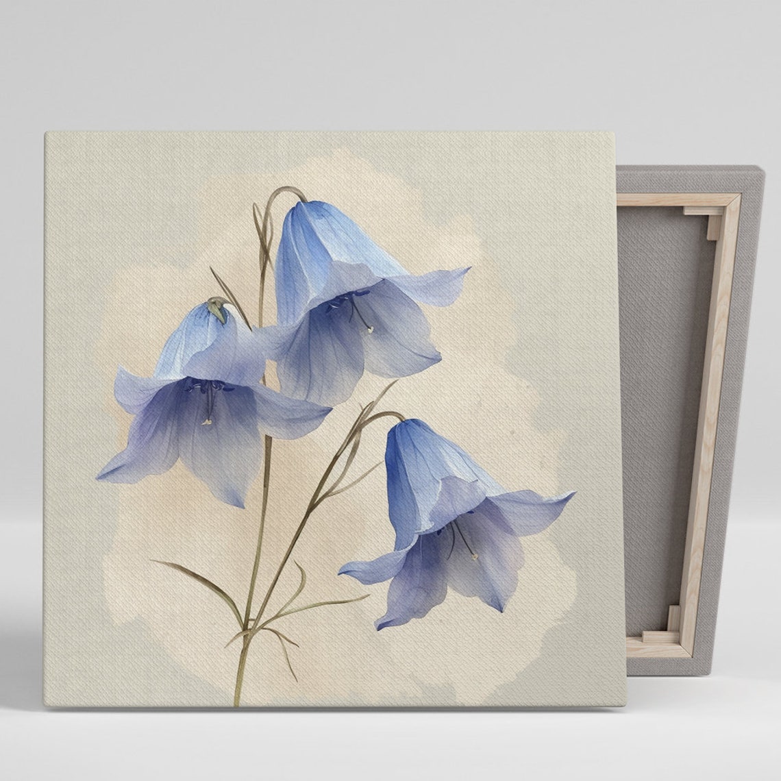 Blue Bellflowers Watercolor on Cream Minimalist Floral Wall Art