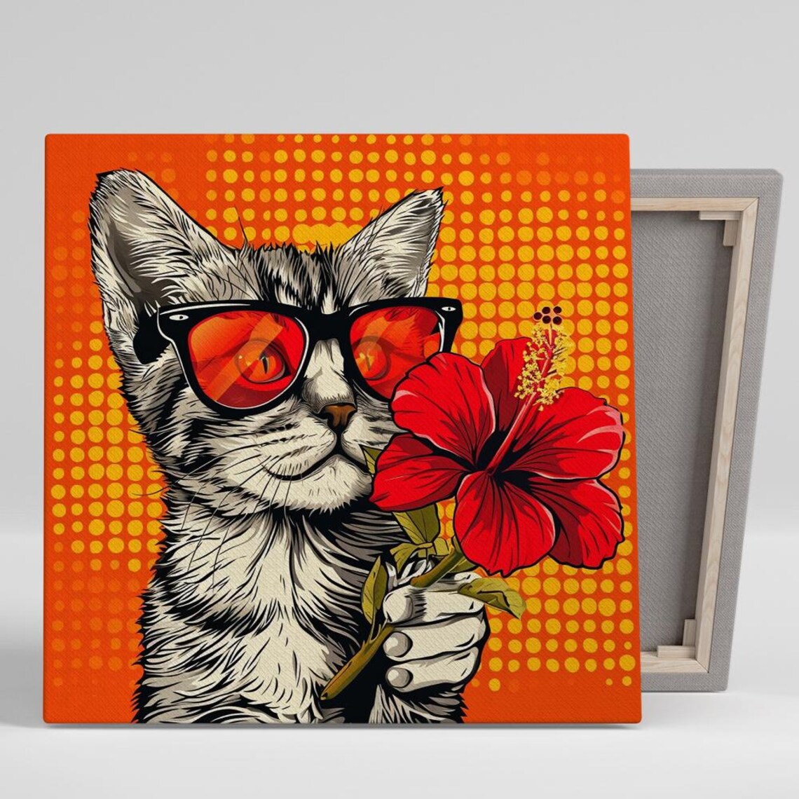Pop Art Cat Sunglasses Hibiscus Flower Orange Halftone Art Print
