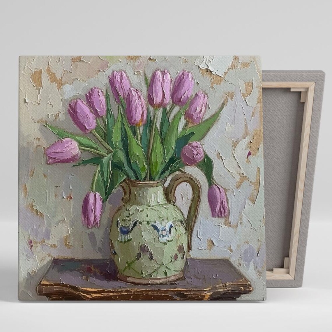 Purple Tulips in Ceramic Pitcher Impasto Still Life Painting Poster