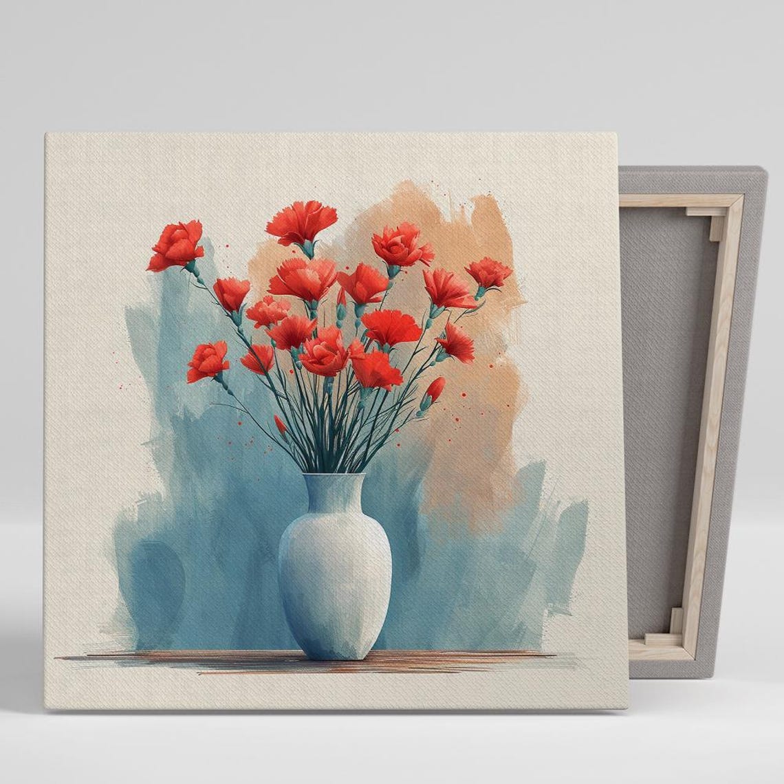 Red Carnations in White Vase Watercolor Minimalist Floral Wall Art