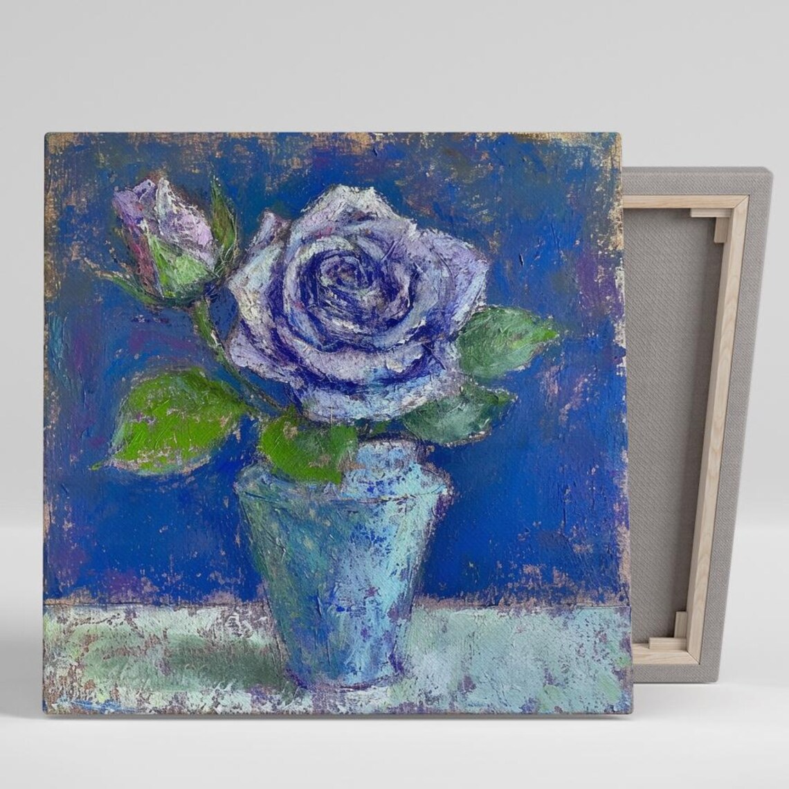 Purple Rose In Pot Impasto Oil Painting Blue Background Art Poster