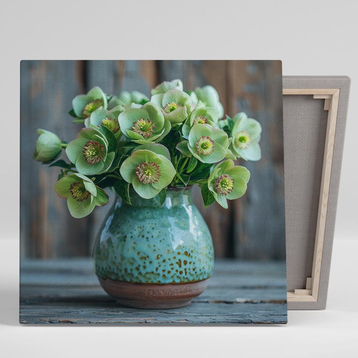 Green Hellebore Bouquet Turquoise Vase Rustic Still Life Poster