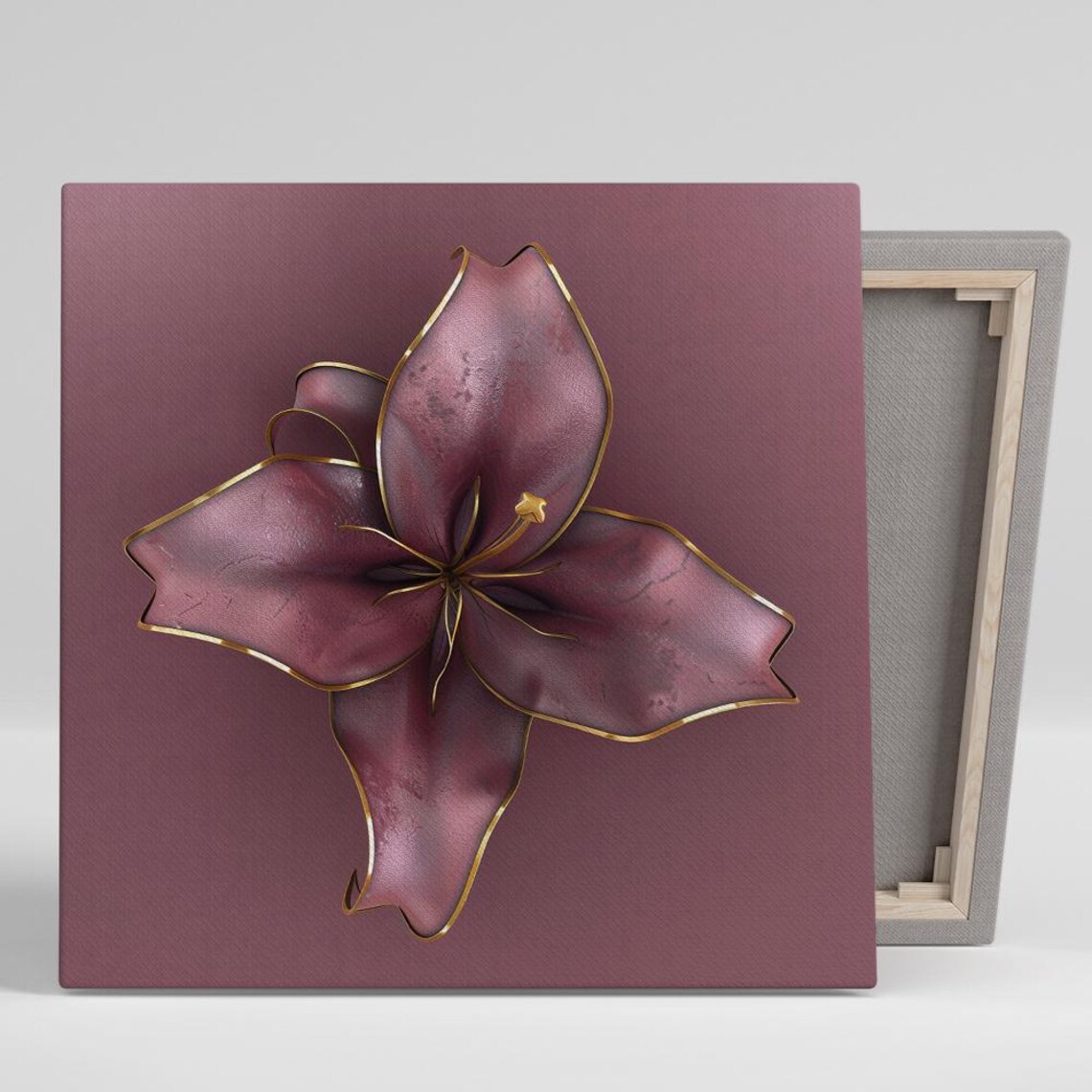 Burgundy Lily Bloom Gold Trim Dramatic Modern Botanical Wall Art