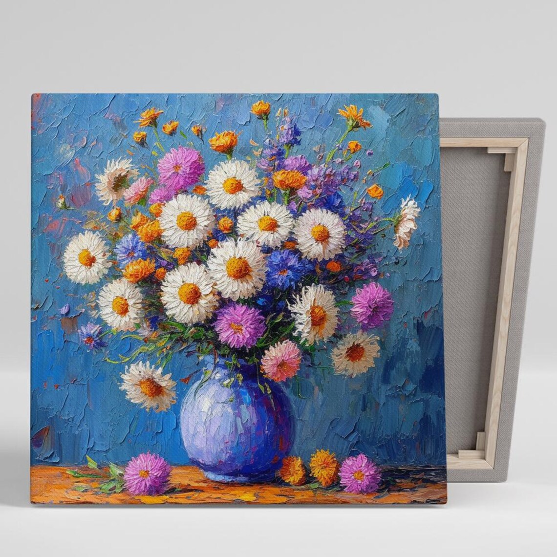 White Daisy Bouquet Impasto Blue Vase Impressionist Floral Art Poster