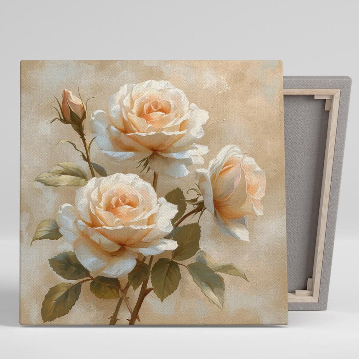 Cream Roses Vintage Still Life Painting On Beige Romantic Floral Print