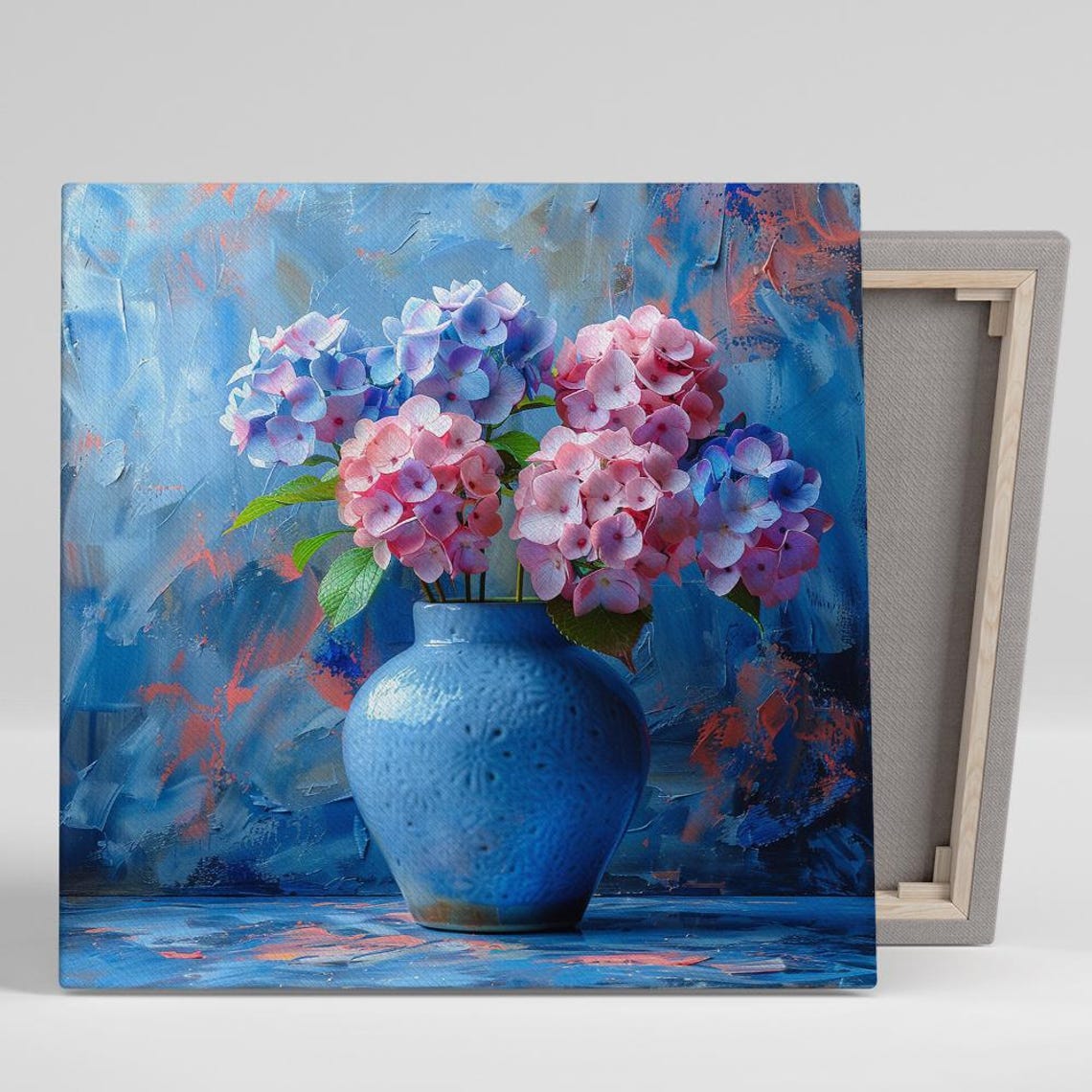 Pink Blue Hydrangea Bouquet Ceramic Vase Coastal Floral Art Poster