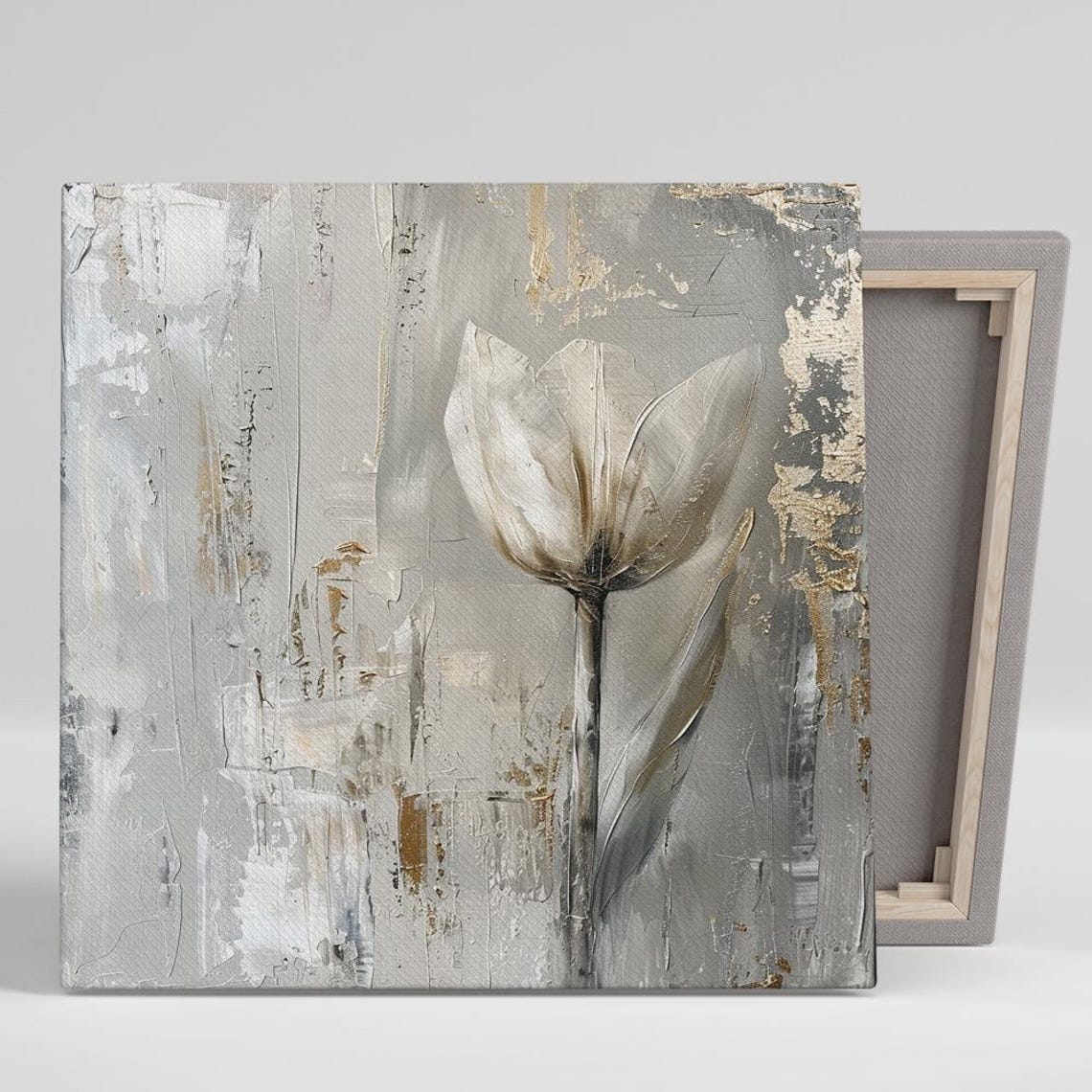 Gray Tulip Abstract Oil Painting Gold Leaf Textured Art Poster