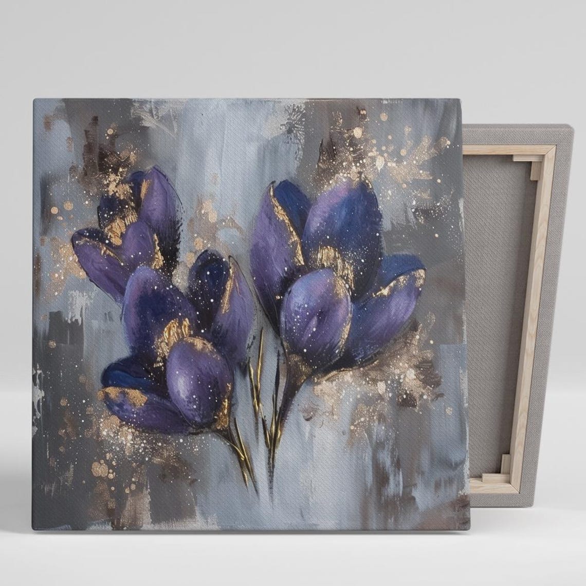 Purple Crocus Flowers With Gold Leaf On Gray Moody Botanical Art Print
