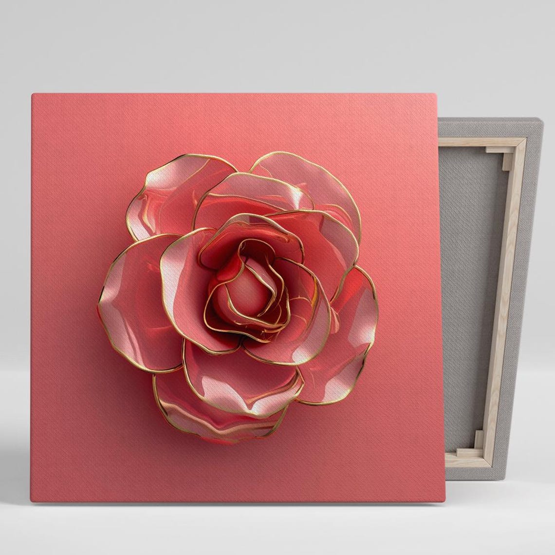 Glossy Red Rose with Gold Edges Bold Romantic Glam Floral Wall Art