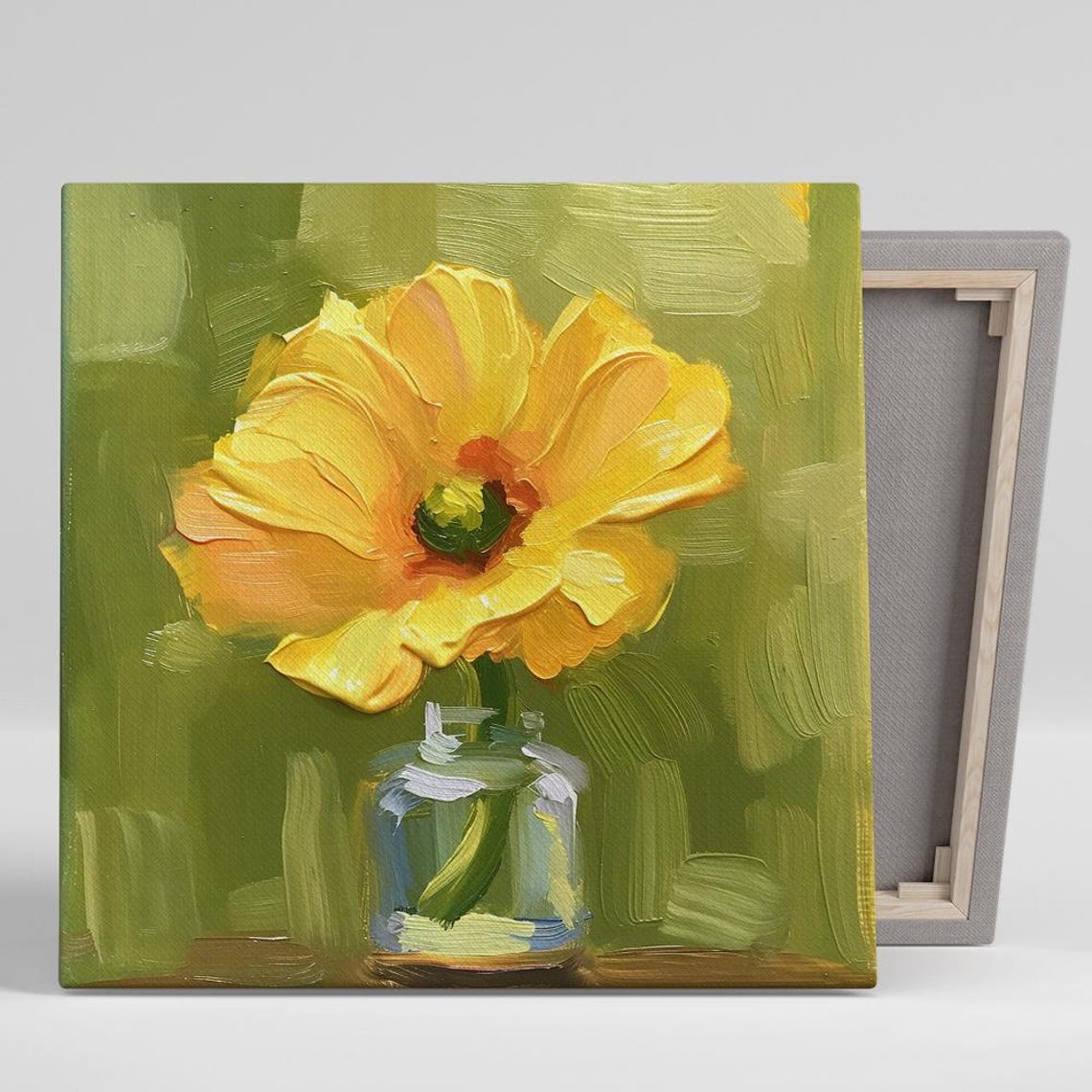 Golden Yellow Poppy Macro Impasto Green Background Floral Art Poster