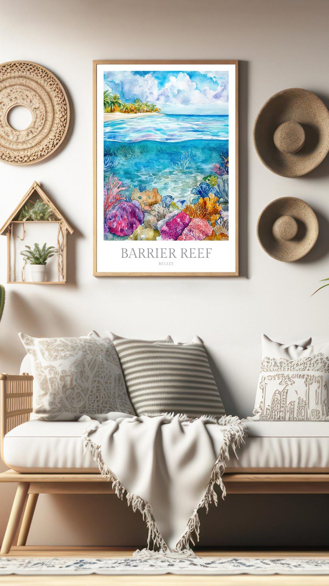 Belize Barrier Reef Coral Island Split View Watercolor Poster - Image 2