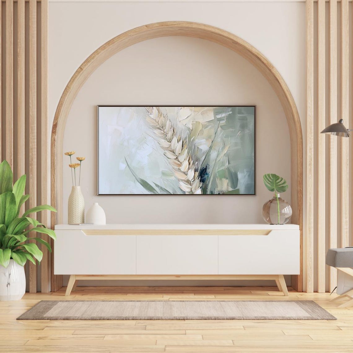 Abstract Wheat Stalk Oil Painting Sage Green Frame TV Art Poster