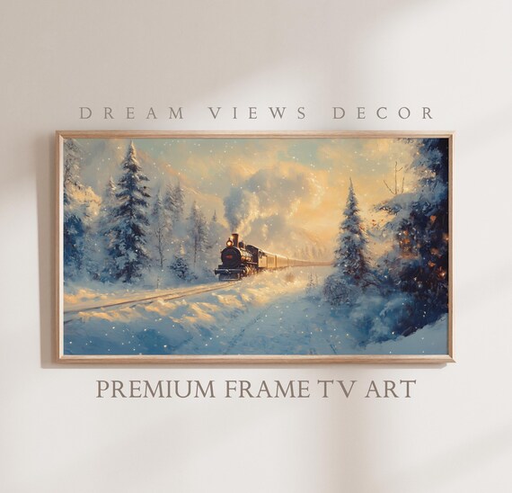 Frame Tv Art Christmas Express Train Moody Winter Oil Painting Frame Tv Art Snowy Railroad Christmas Tv Art