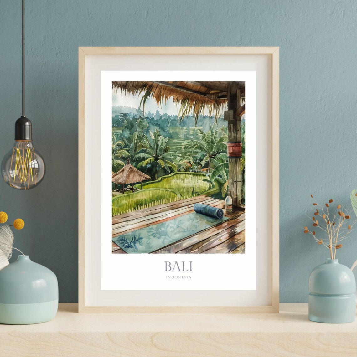 Bali Indonesia Yoga Deck Rice Terraces Watercolor Travel Poster - Image 2