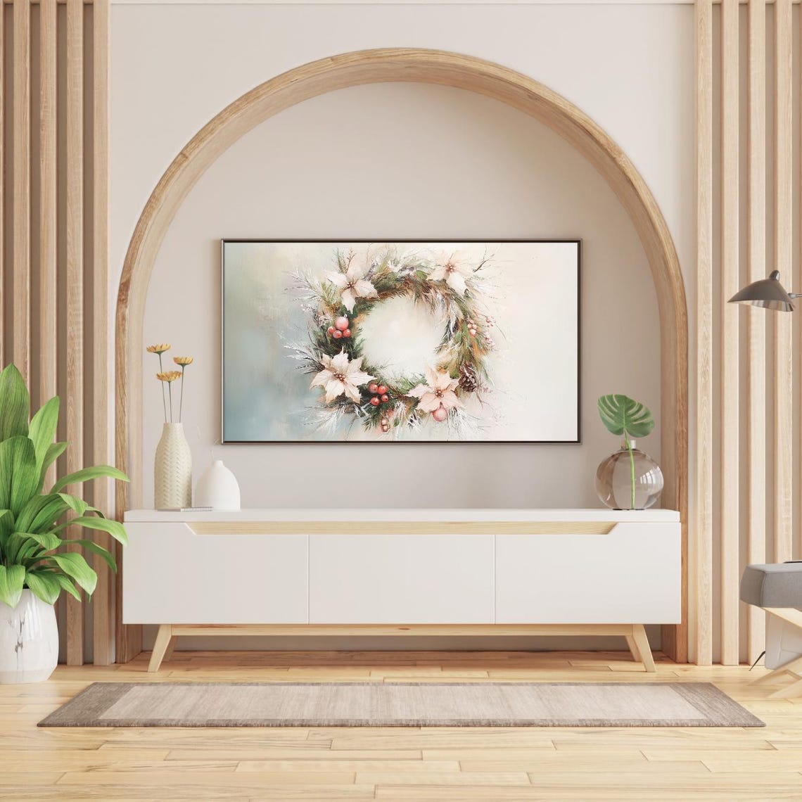 Christmas Wreath White Poinsettia Watercolor Frame Tv Art Print - Image 2