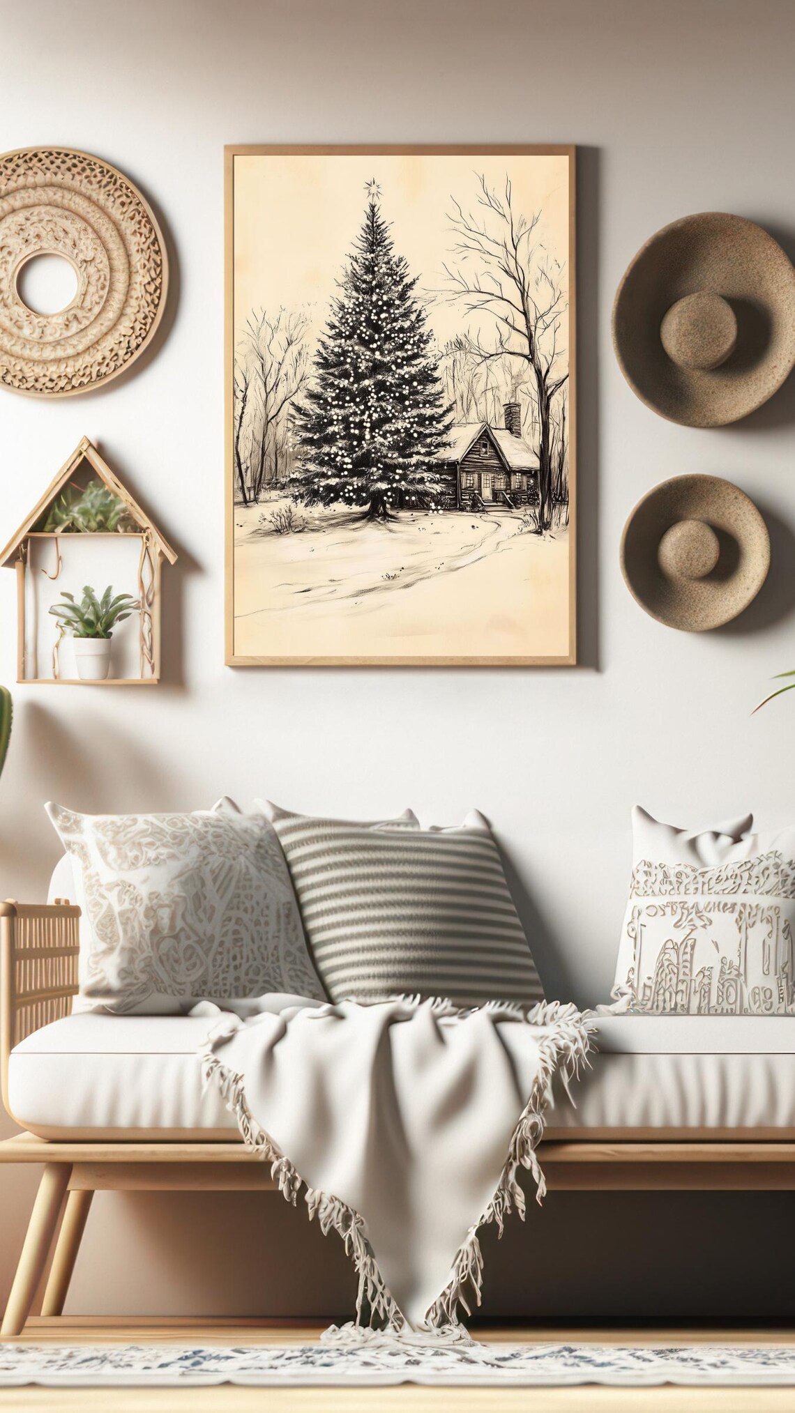 Vintage Sepia Pencil Sketch Snowy Evergreen Cabin Winter Art Poster - Image 3