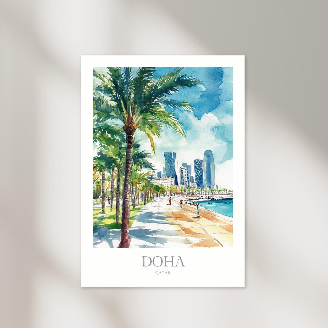 Doha Qatar Waterfront Promenade Skyline Watercolor Travel Art Poster