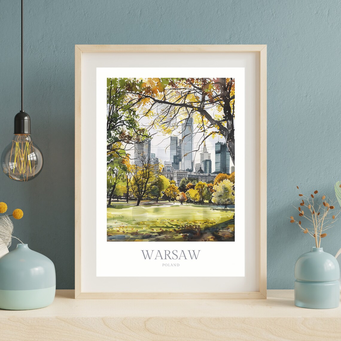 Warsaw Poland Golden Watercolor Autumn Park Skyline Travel Poster - Image 2