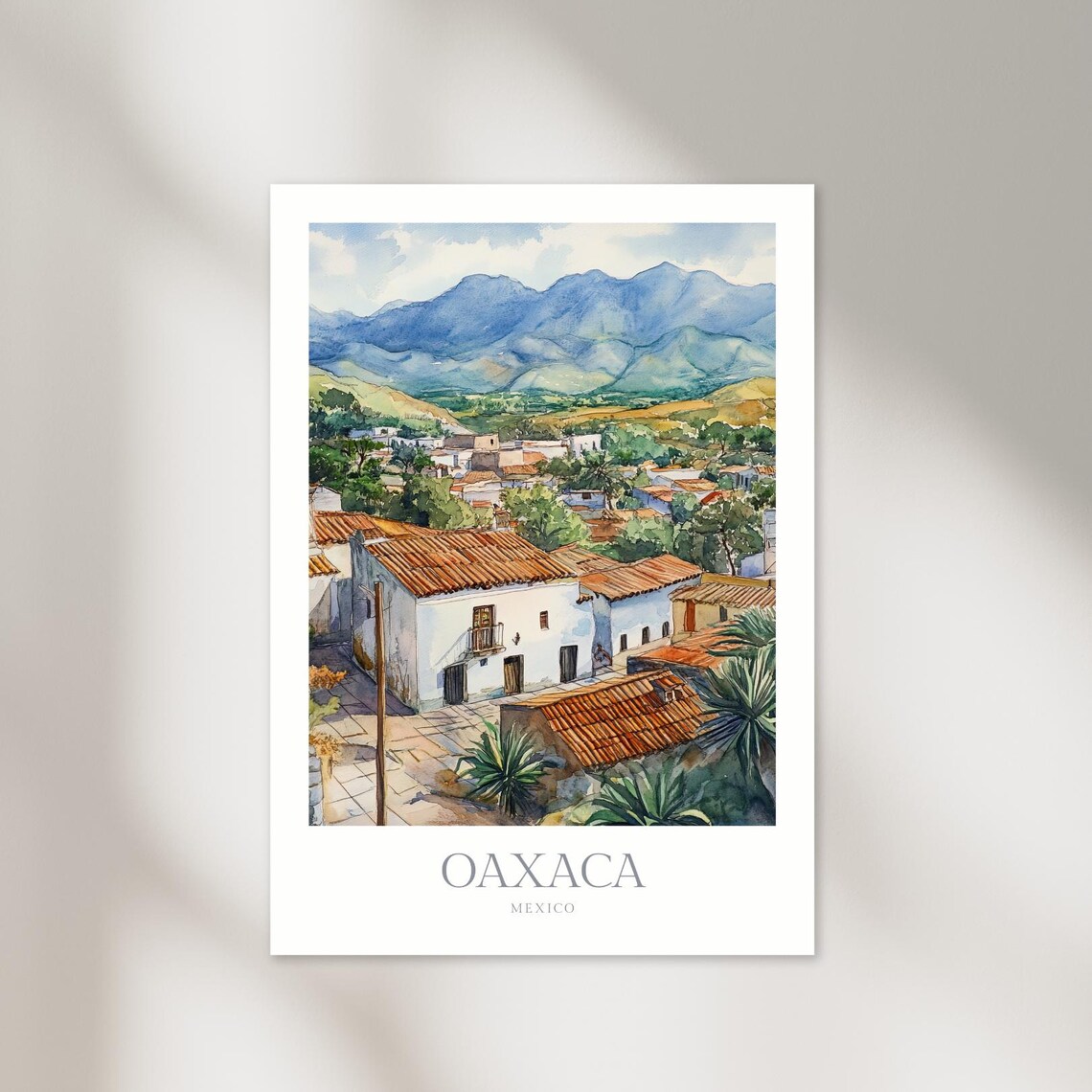 Oaxaca Mexico Watercolor Village Rooftops Mountain View Poster Art