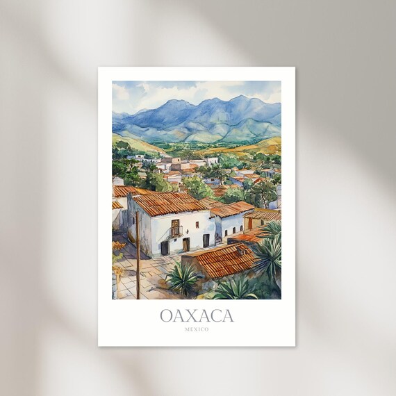 Oaxaca Mexico Watercolor Village Rooftops Mountain View Poster Art