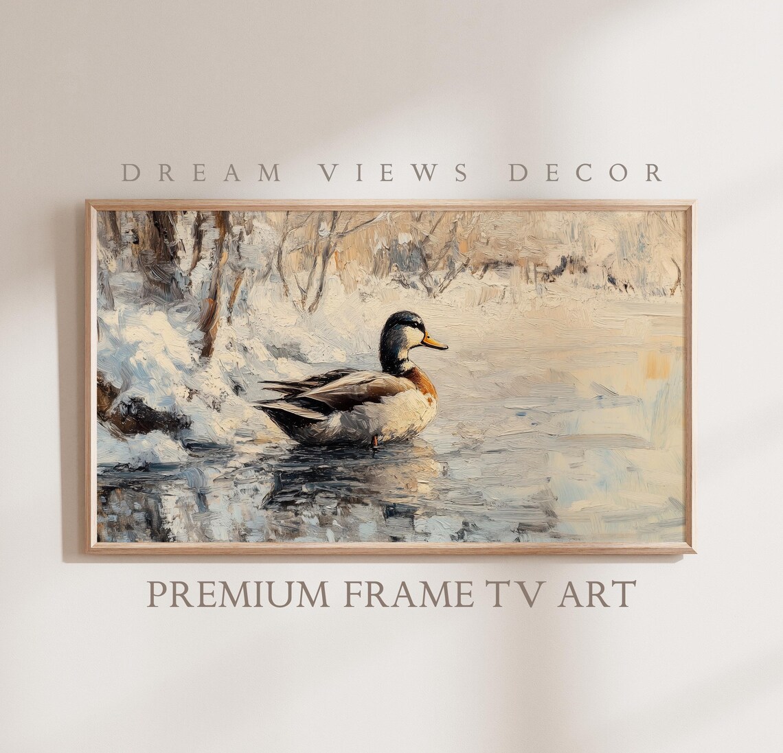 Mallard Duck Icy Winter Pond Snowy Banks Impressionist Painting Poster