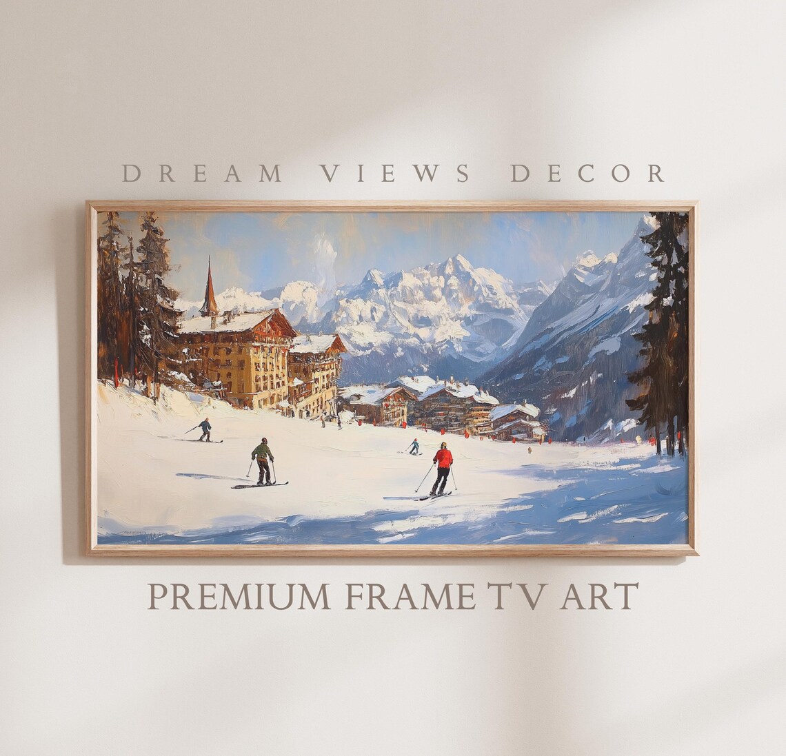 Alpine Ski Village Snowy Peaks Vintage Winter Skiers Oil Painting Poster