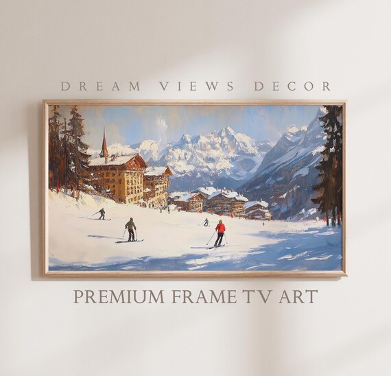 Alpine Ski Village Snowy Peaks Vintage Winter Skiers Oil Painting Poster