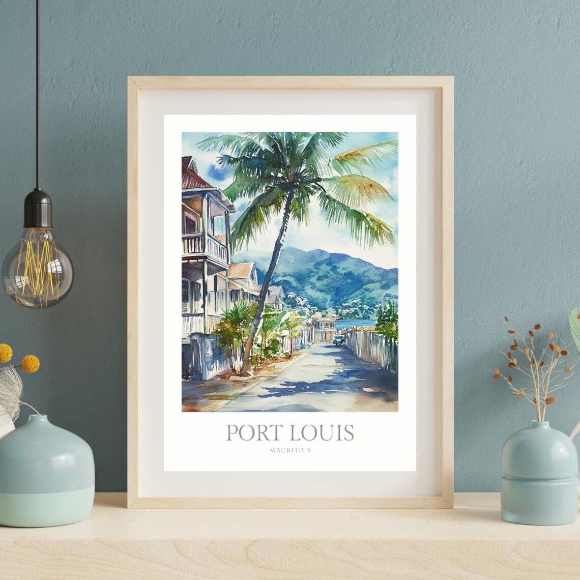 Port Louis Mauritius Watercolor Palm Street Tropical Travel Poster - Image 2