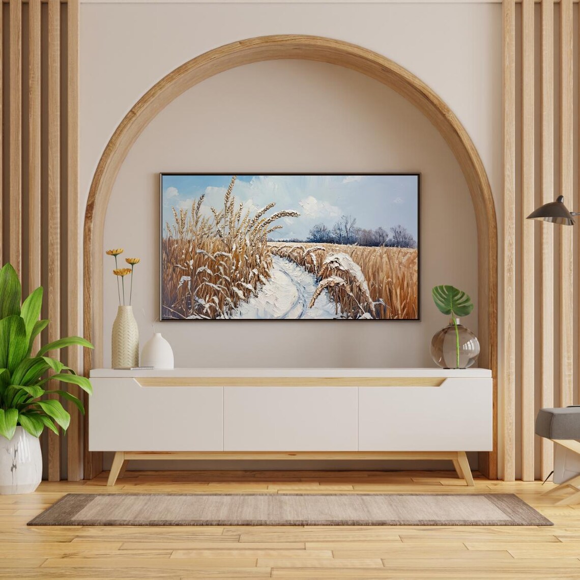 Winter Wheat Field Snow Landscape Oil Painting Frame Tv Poster