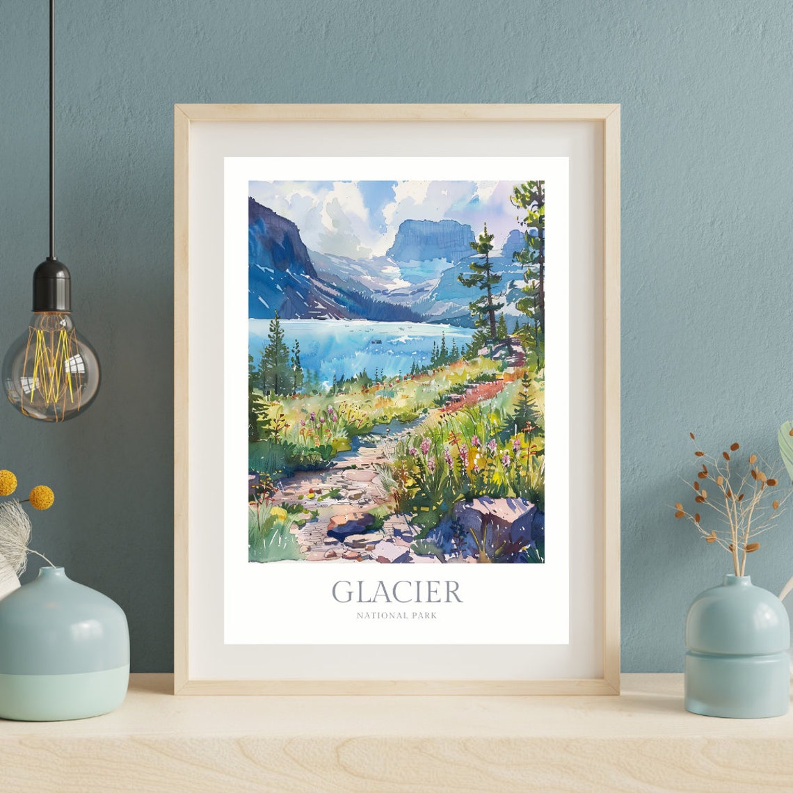 Glacier National Park Alpine Lake Wildflowers Watercolor Poster - Image 2