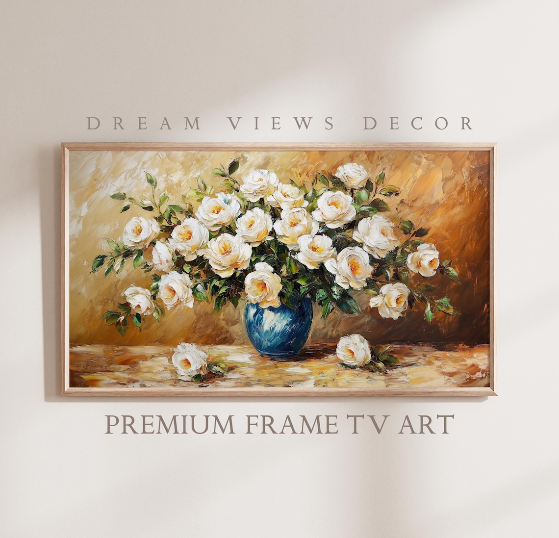White Roses In Blue Vase Impasto Oil Still Life Floral Painting Poster