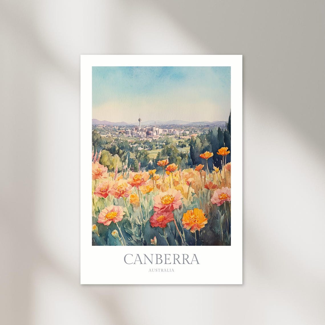 Canberra Australia City Skyline Wildflower Meadow Watercolor Poster