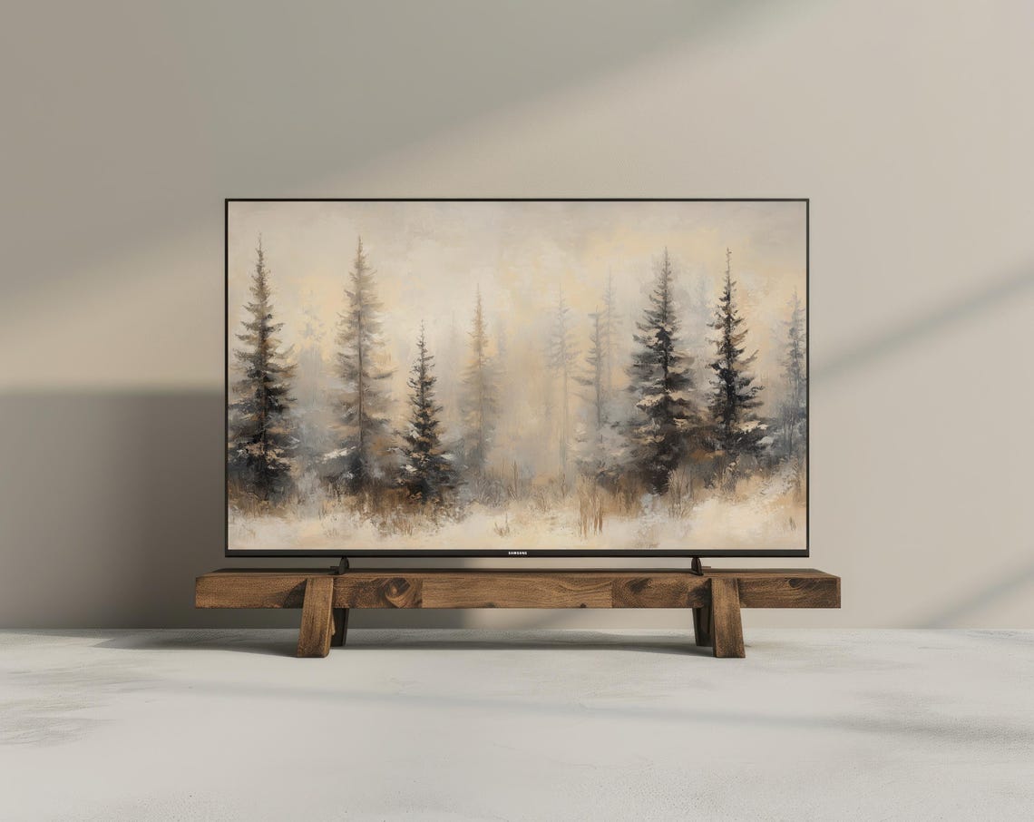 Neutral Beige Misty Pine Forest Minimal Winter Watercolor Wall Art - Image 3