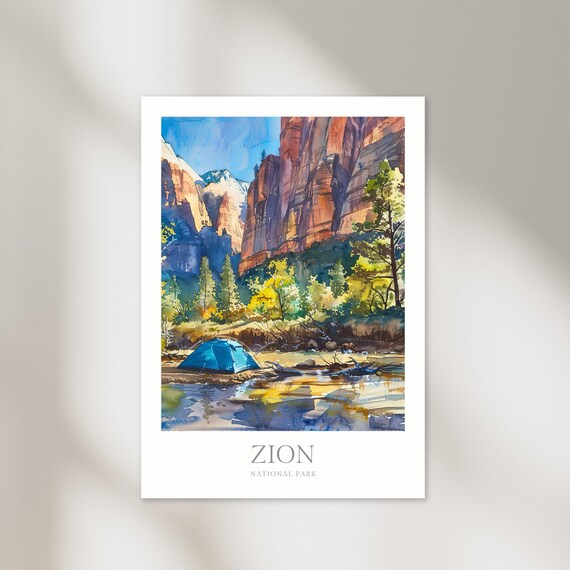 Zion National Park Watercolor Red Canyon Cliffs River Camping Poster