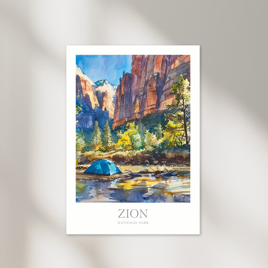 Zion National Park Watercolor Red Canyon Cliffs River Camping Poster