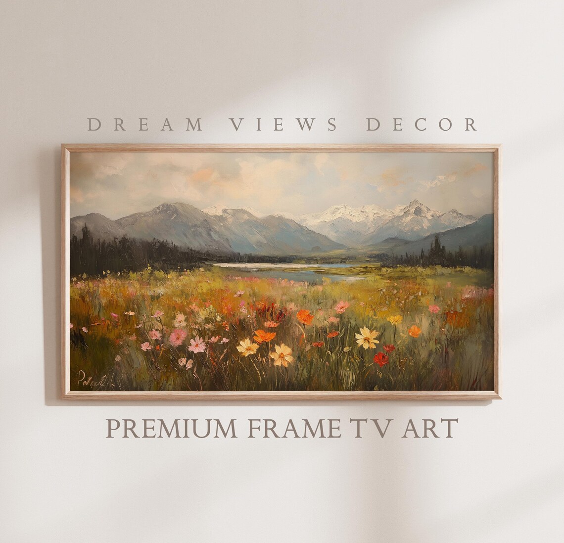 Colorful Wildflower Meadow Lake Snowy Mountain Peaks Frame TV Poster