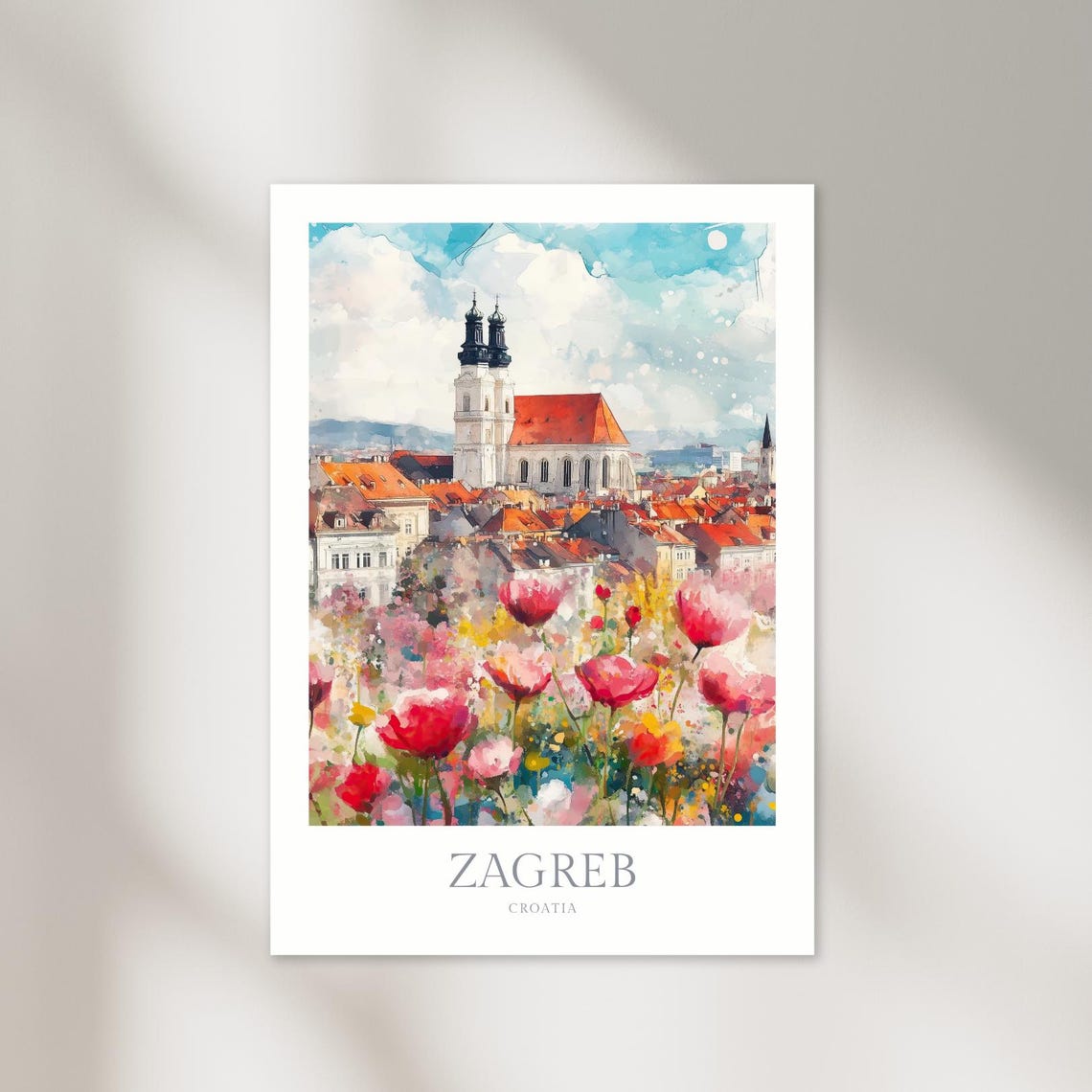 Zagreb Croatia Old Town Rooftops Wildflowers Watercolor City Poster