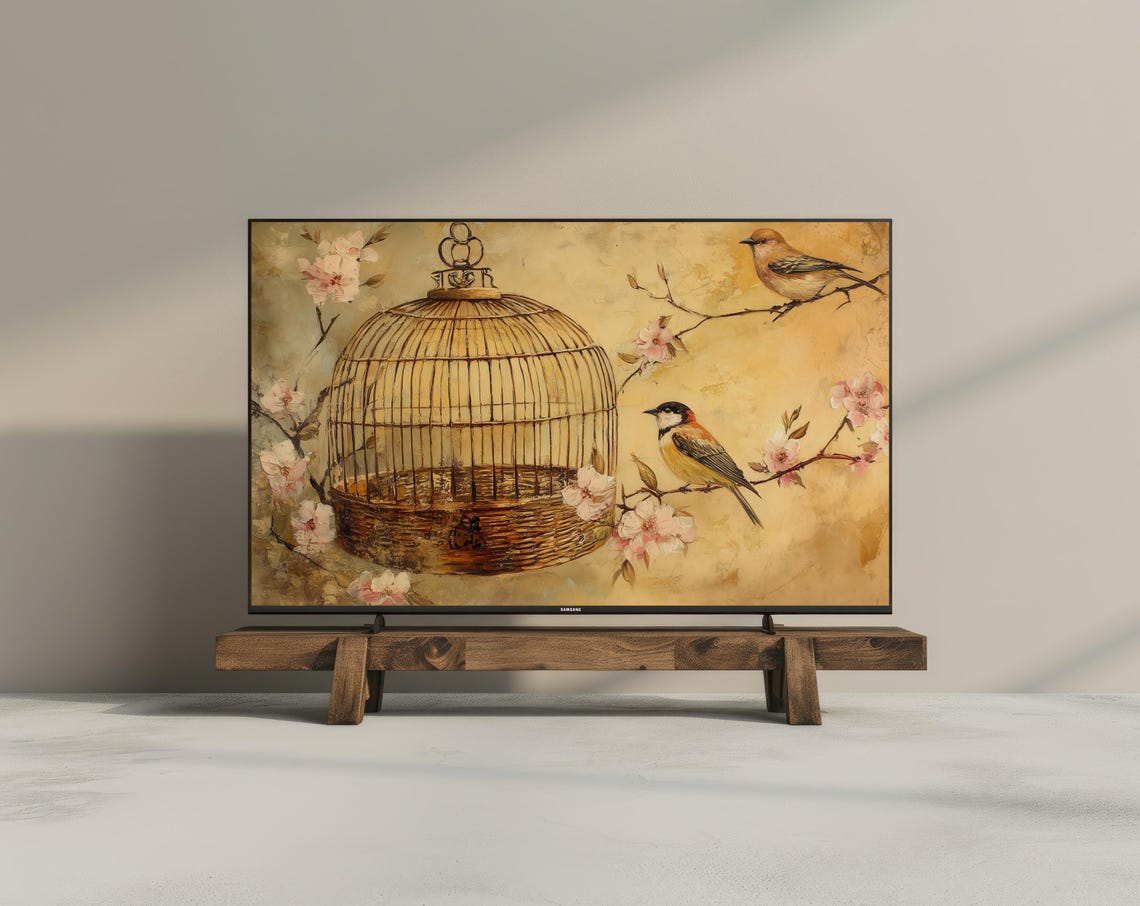 Vintage Birdcage Blossom Branch Birds Antique Spring Painting Wall Art - Image 3
