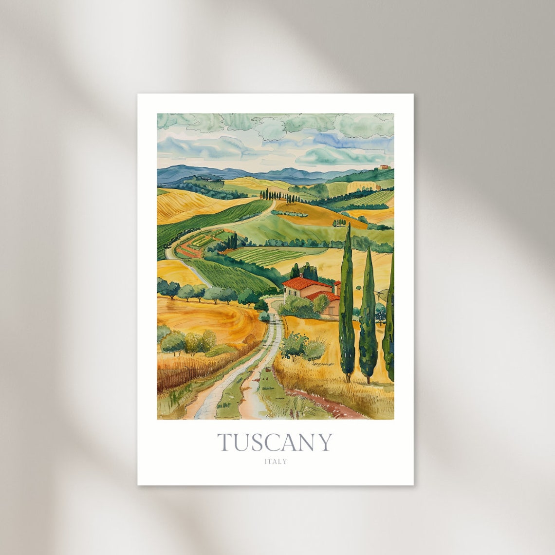 Tuscany Italy Watercolor Rolling Hills Poster Cypress Villa Scene